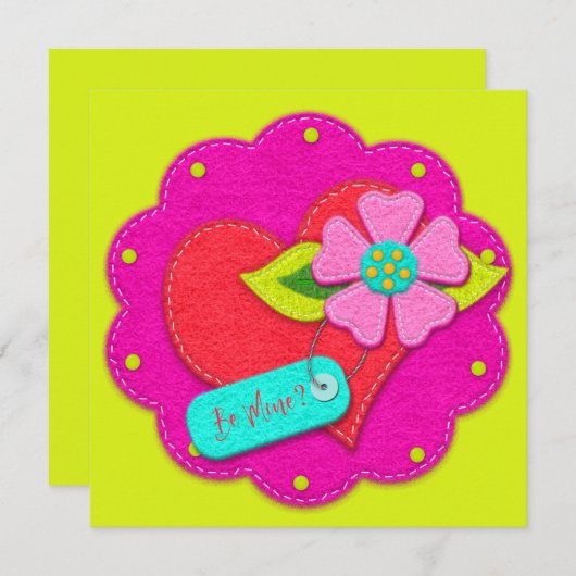 Bright Pink and Peridot Felt Style Heart Flower  招待状 (正面/裏面)