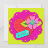 Bright Pink and Peridot Felt Style Heart Flower  招待状 (正面)