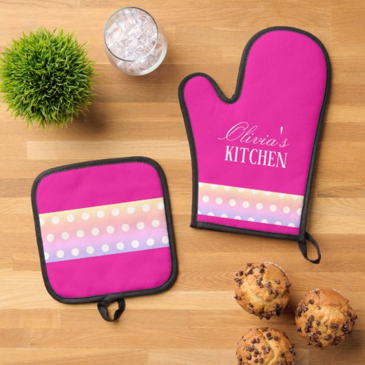 Bright Pink and Pola Dots 鍋つかみ&鍋敷きセット (トップダウン)