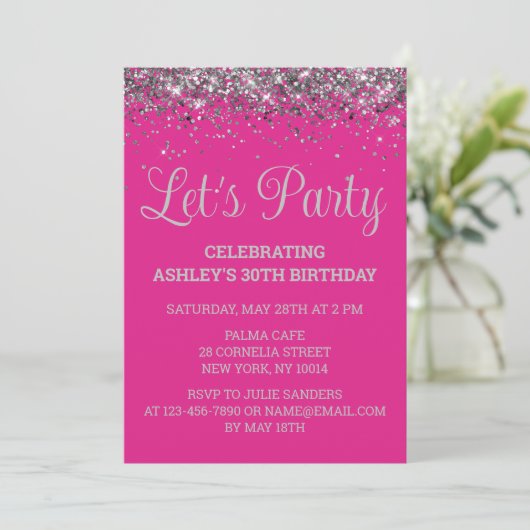 Bright Pink and Silver Glitter 30th Birthday Party 招待状 (スタンド正面)