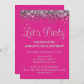 Bright Pink and Silver Glitter 30th Birthday Party 招待状 (正面/裏面)