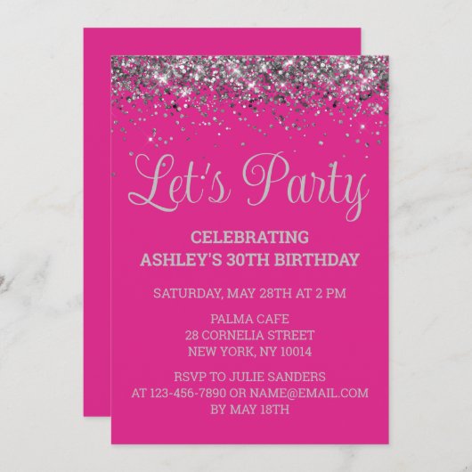 Bright Pink and Silver Glitter 30th Birthday Party 招待状 (正面/裏面)