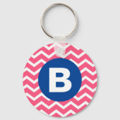 Bright Pink and White Chevron Pattern Monogram キーホルダー (裏面)