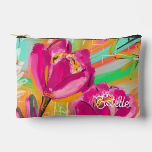 Bright Pink Colourful Floral Print Cut Sew Bag アクセサリーポーチ (正面)