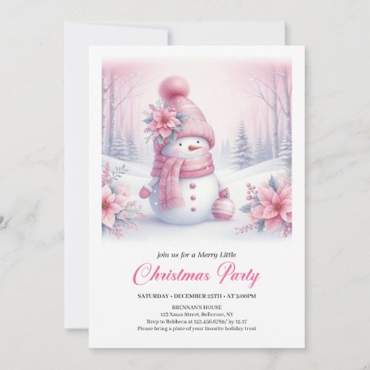 Bright Pink Coquette Snowman Digital Christmas  招待状 (正面)