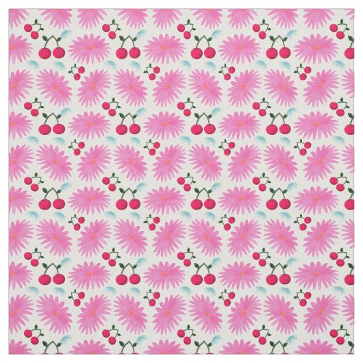 Bright Pink Floral Cherry Pattern | Cute Kawaii  ファブリック (見本)