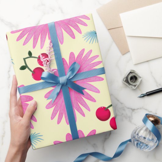 Bright Pink Floral Cherry Pattern | Cute Kawaii  ラッピングペーパー (ギフト)