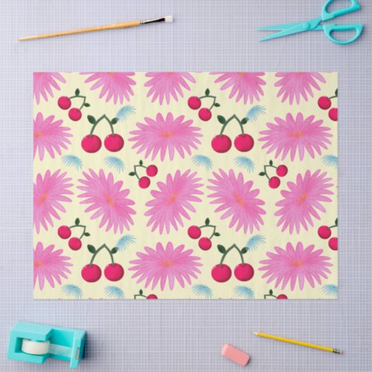 Bright Pink Floral Cherry Pattern | Cute Kawaii  薄葉紙 (クラフト)