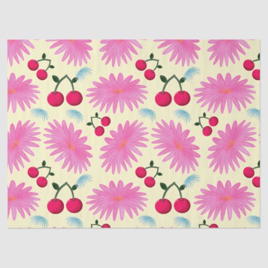 Bright Pink Floral Cherry Pattern | Cute Kawaii  薄葉紙 (正面)