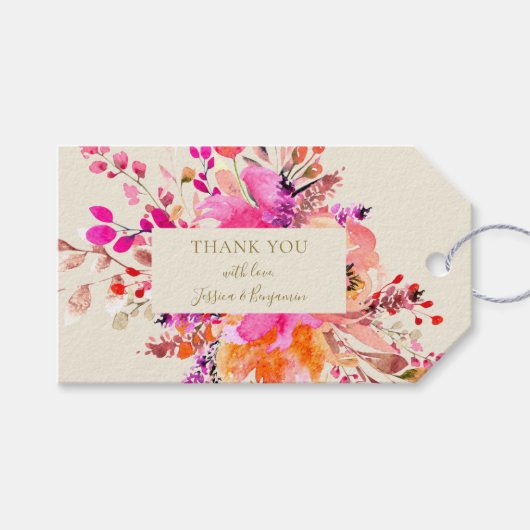 Bright Pink Floral Summer Wedding Custom Thank You ギフトタグ (正面(横))