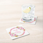 Bright Pink Gold Elegant Flowers Birthday Party スクエアペーパーコースター (インサイチュ)