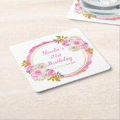 Bright Pink Gold Elegant Flowers Birthday Party スクエアペーパーコースター (アングル)