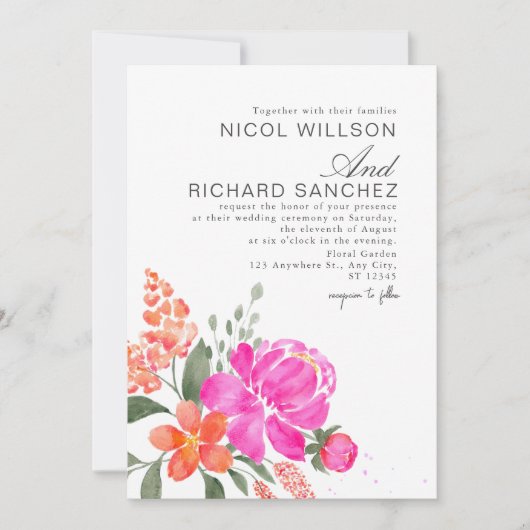 Bright Pink & Orange Floral Wedding  招待状 (正面)