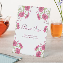 Bright Pink Rose Wedding Guest Book Sign 台座サイン