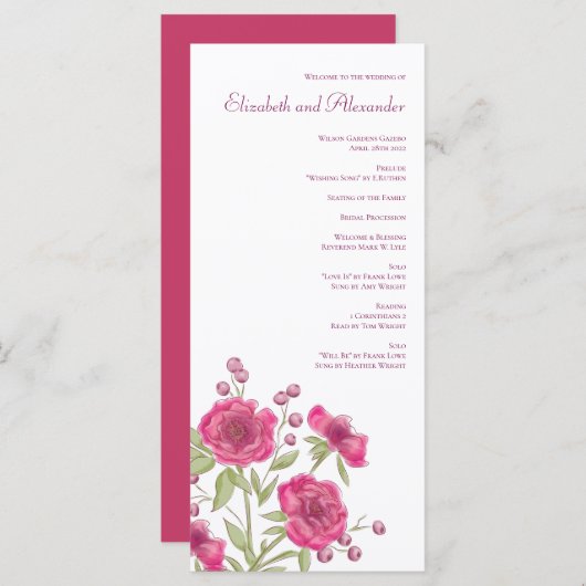Bright Pink Rose Wedding Programs メニュー (正面/裏面)