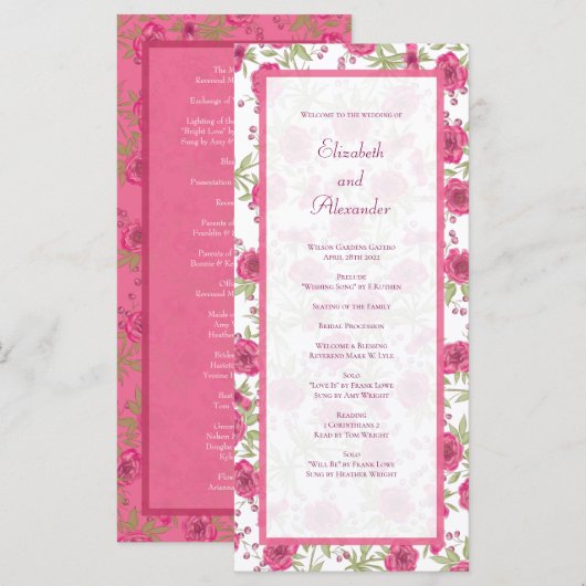 Bright Pink Rose Wedding Programs メニュー (正面/裏面)