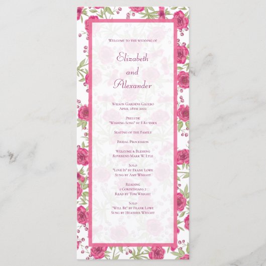Bright Pink Rose Wedding Programs メニュー (正面)
