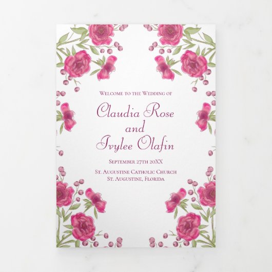 Bright Pink Rose Wedding Programs 三つ折りプログラム (カバー)