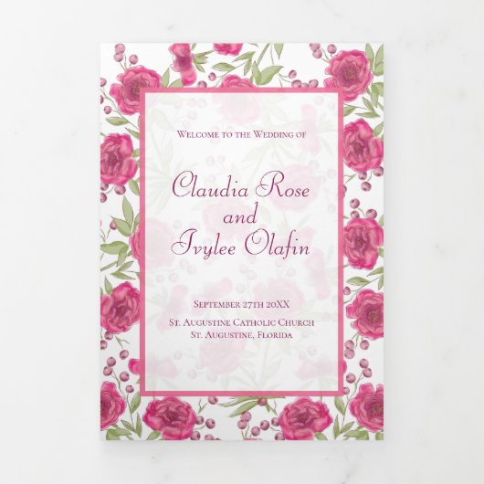 Bright Pink Rose Wedding Programs 三つ折りプログラム (カバー)