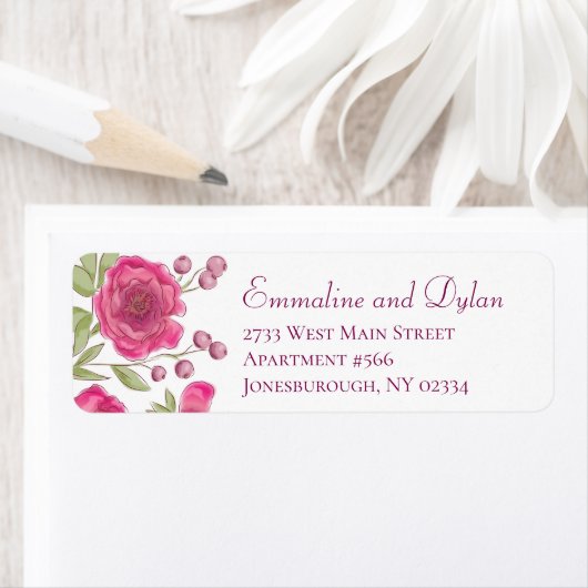 Bright Pink Rose Wedding Return Address Labels ラベル (インサイチュ)