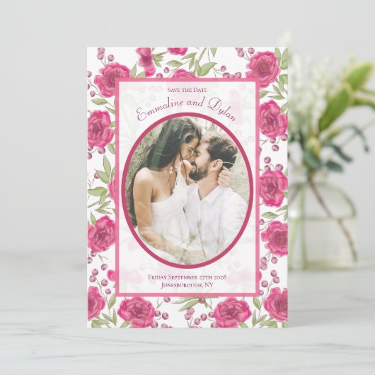 Bright Pink Rose Wedding Save the Date 招待状 (スタンド正面)