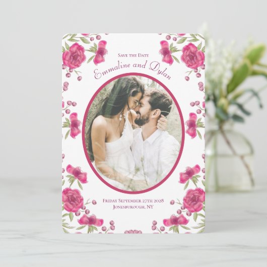 Bright Pink Rose Wedding Save the Date 招待状 (スタンド正面)