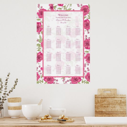 Bright Pink Rose Wedding Seating Chart ポスター (キッチン)