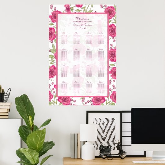 Bright Pink Rose Wedding Seating Chart ポスター (ホームオフィス)