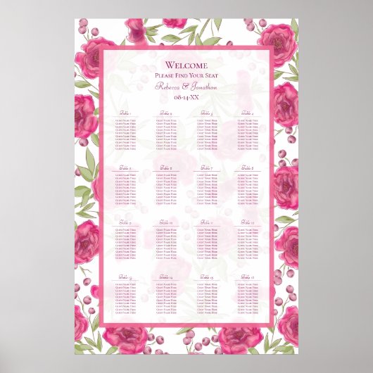 Bright Pink Rose Wedding Seating Chart ポスター (正面)