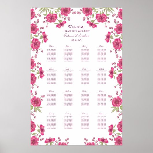 Bright Pink Rose Wedding Seating Chart ポスター (正面)