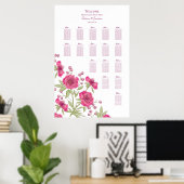 Bright Pink Rose Wedding Seating Chart ポスター (ホームオフィス)