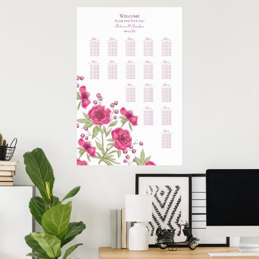 Bright Pink Rose Wedding Seating Chart ポスター (ホームオフィス)