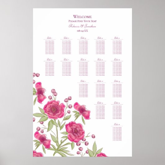 Bright Pink Rose Wedding Seating Chart ポスター (正面)