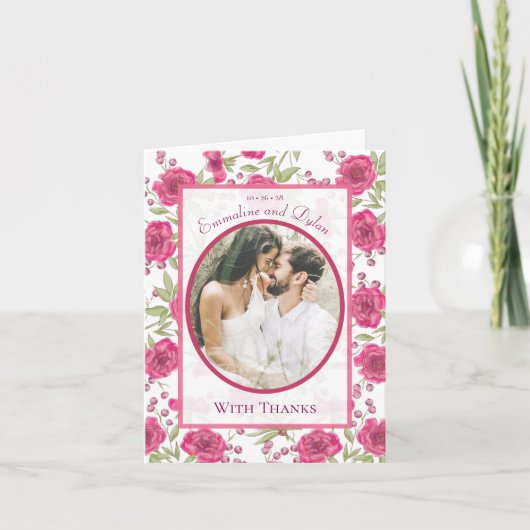 Bright Pink Rose Wedding Thank You Cards Photo 招待状 (正面)
