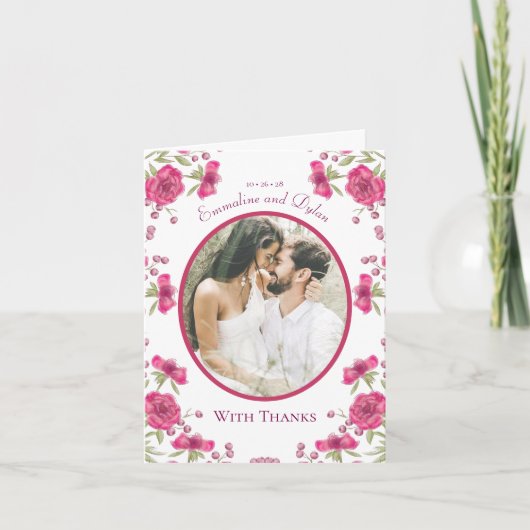 Bright Pink Rose Wedding Thank You Cards Photo 招待状 (正面)