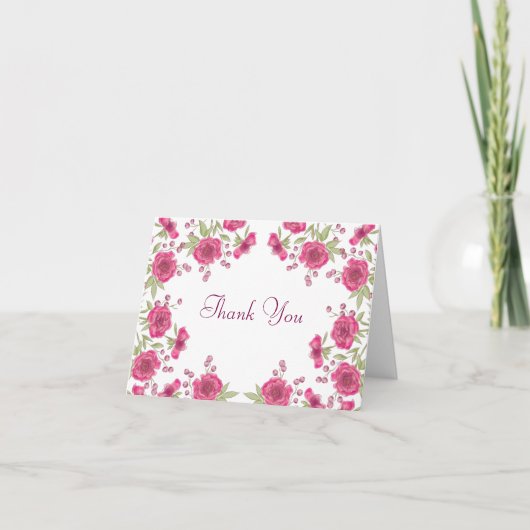 Bright Pink Rose Wedding Thank You Note Card 招待状 (正面)