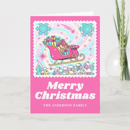 Bright Pink Sleigh Christmas Postage Stamp シーズンカード (正面)