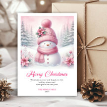 Bright pink snowman Christmas kids greeting card  