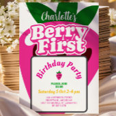 Bright Pink Strawberry Berry First Birthday 招待状
