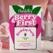 Bright Pink Strawberry Berry First Birthday 招待状