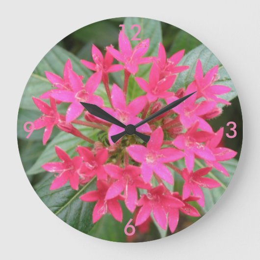 Bright Pink Tropical Flowers Wall Clock ラージ壁時計 (正面)