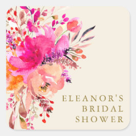 Bright Pink Watercolor Floral Bridal Shower Custom スクエアシール