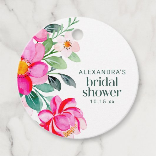 Bright Pink Watercolor Floral Bridal Shower Custom フェイバータグ (正面)