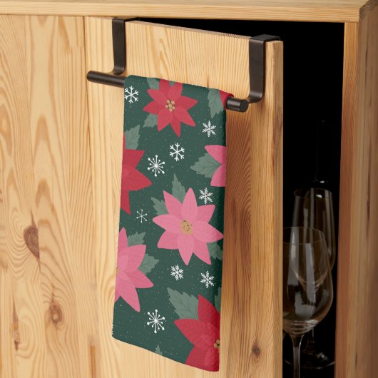 Bright Preppy Christmas Poinsettias Kitchen Towels キッチンタオル (三つ折り)