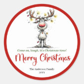 Bright quirky reindeer sticker red green cartoon ラウンドシール (正面)