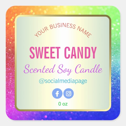 Bright Rainbowグリッター製品ラベル スクエアシール (正面)