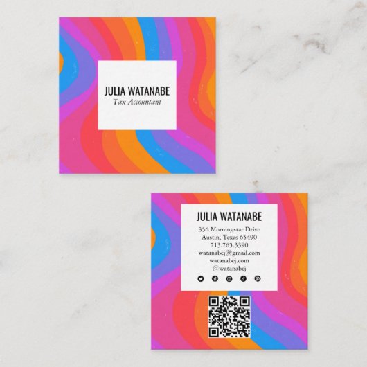 Bright Rainbow MinimalistのストライプQRソーシャルメディア スクエア名刺 (正面/裏面)