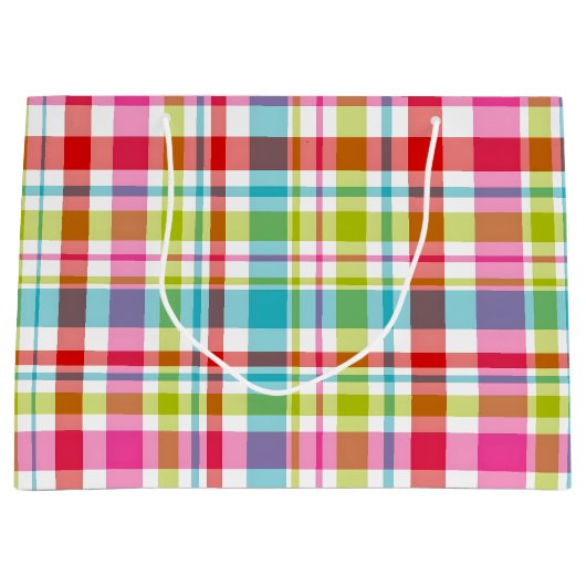 Bright Rainbow Plaid Checkered Pattern ラージペーパーバッグ (正面)