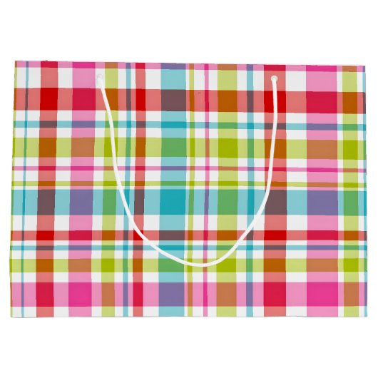 Bright Rainbow Plaid Checkered Pattern ラージペーパーバッグ (裏面)