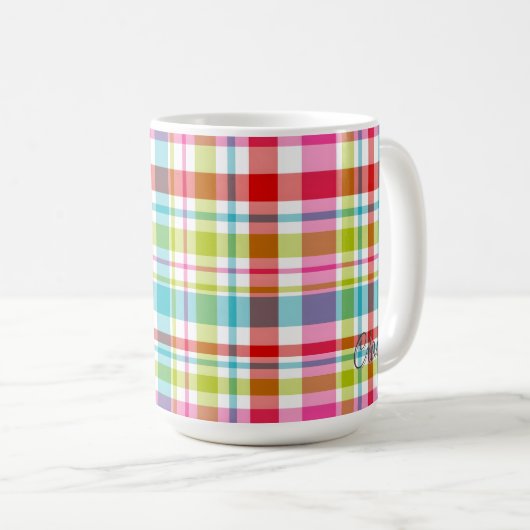 Bright Rainbow Plaid Checkered Pattern Custom Name コーヒーマグカップ (正面右)